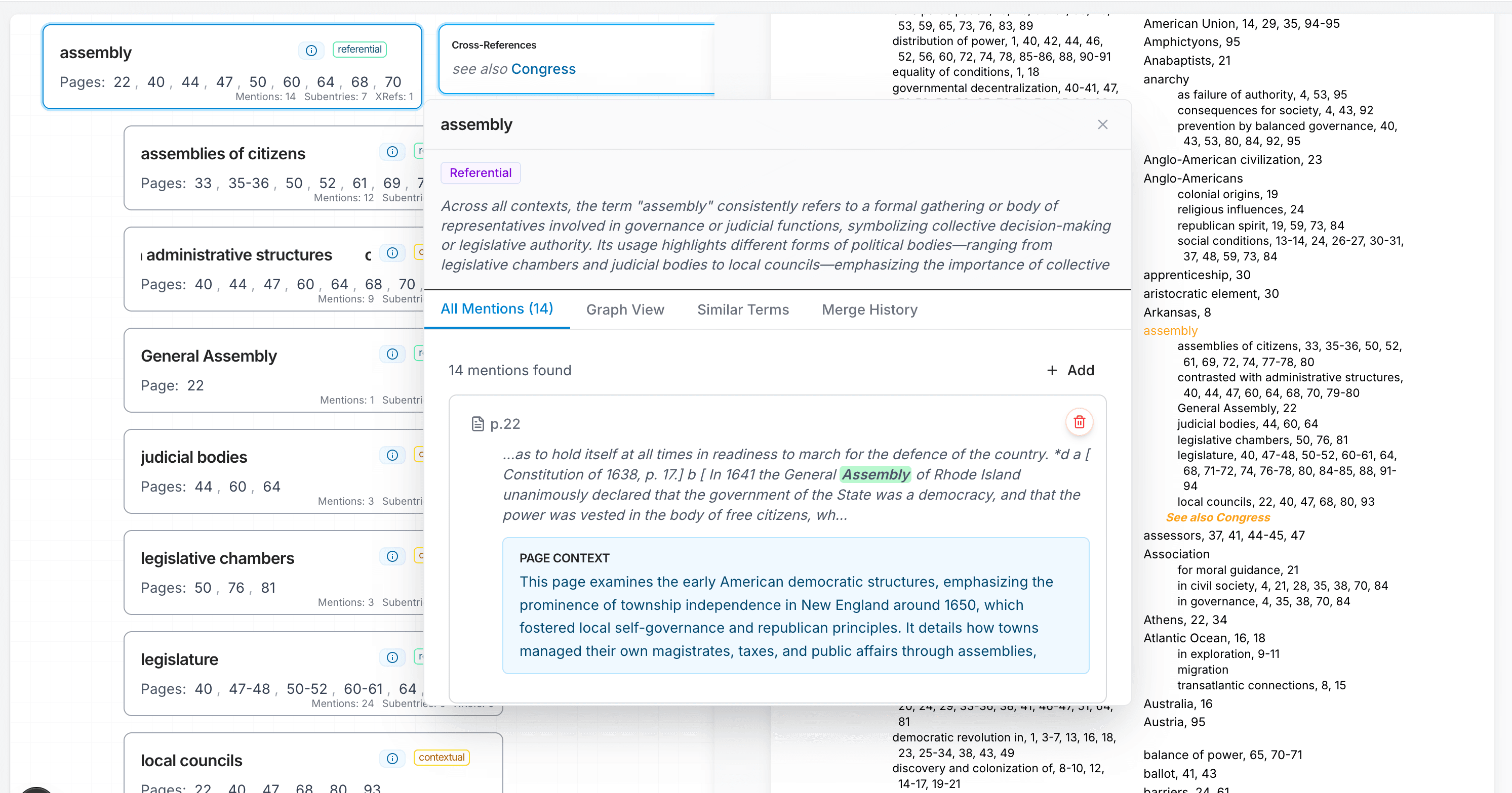 Indexia full interface showing terms, relationships, and index view